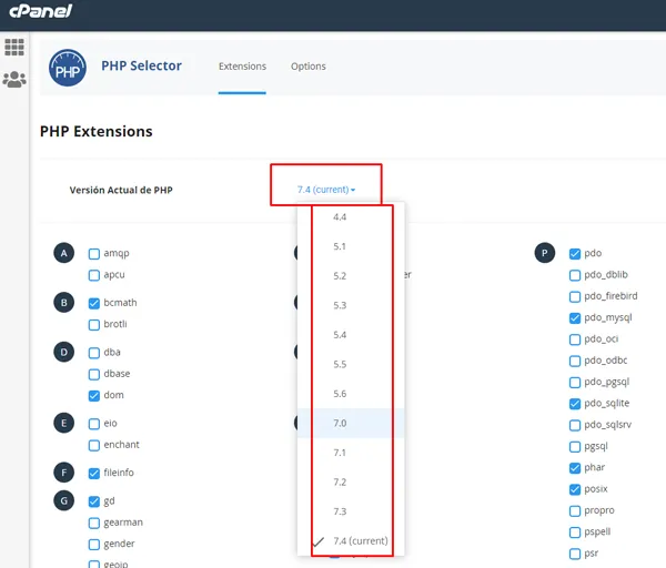 cambiar la versión PHP desde cPanel